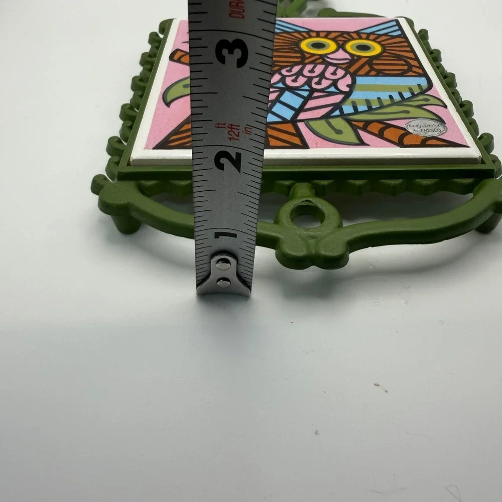 Vintage Enesco Hand Painted Owl Ceramic Tile Trivet Wall Hanging Japan Green MCM